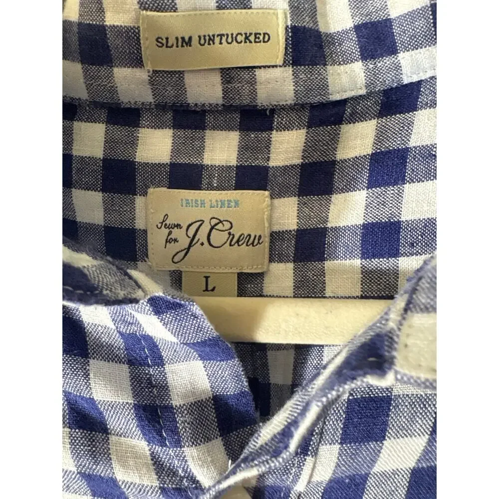 Men's J. Crew Blue Checked Slim Untucked Linen Button Up Shirt Sz L